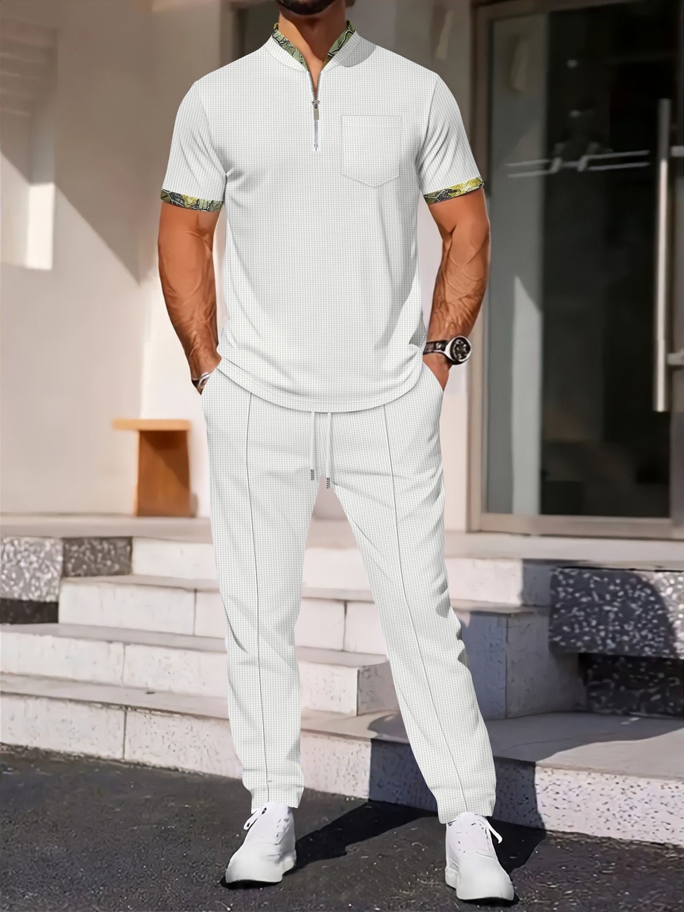 Męska koszula krótki rękaw – Slim Fit – Oddychająca – Zamek błyskawiczny – Kieszonka na piersi