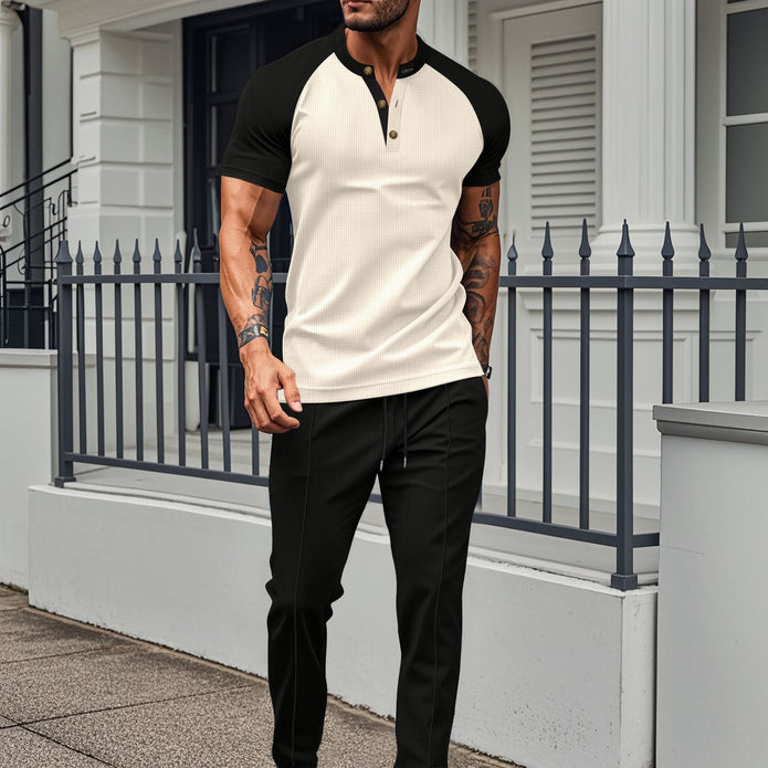 Męska koszula krótki rękaw – Slim Fit – Oddychająca – Raglanowe rękawy – Zapięcie na guziki