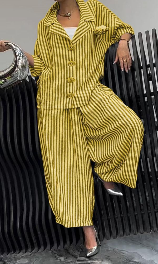 Damska marynarka w luźnym kroju – Paski – Oddychająca bawełna – Kołnierz z klapami 2-Piece Sets Warschau Fashion Żółty S