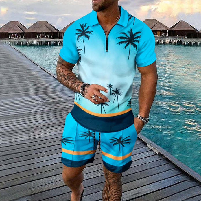 Męski zestaw sportowy – Slim Fit – Oddychający materiał – Zamek błyskawiczny przy kołnierzu – Tropikalny wzór