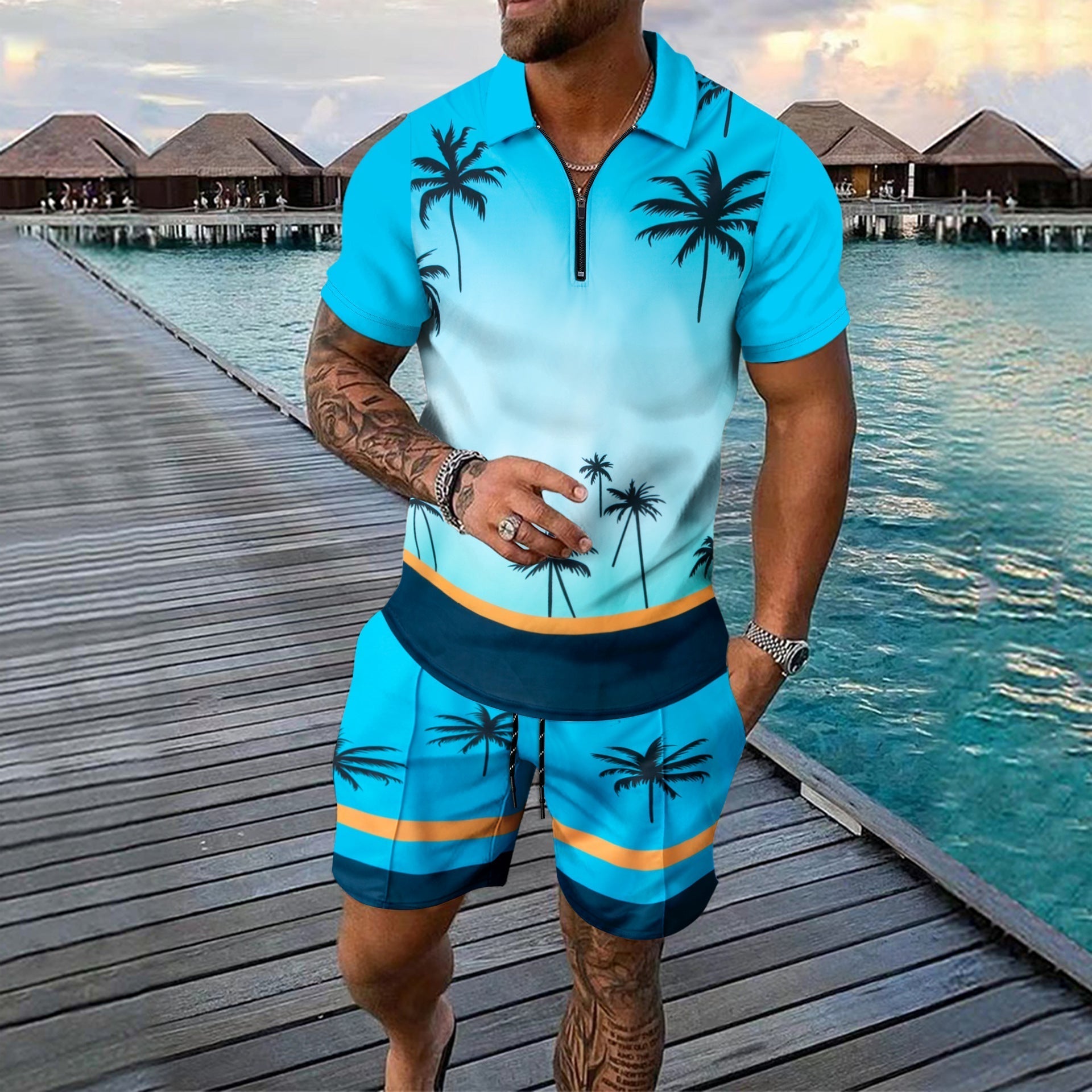 Męski zestaw sportowy – Slim Fit – Oddychający materiał – Zamek błyskawiczny przy kołnierzu – Tropikalny wzór