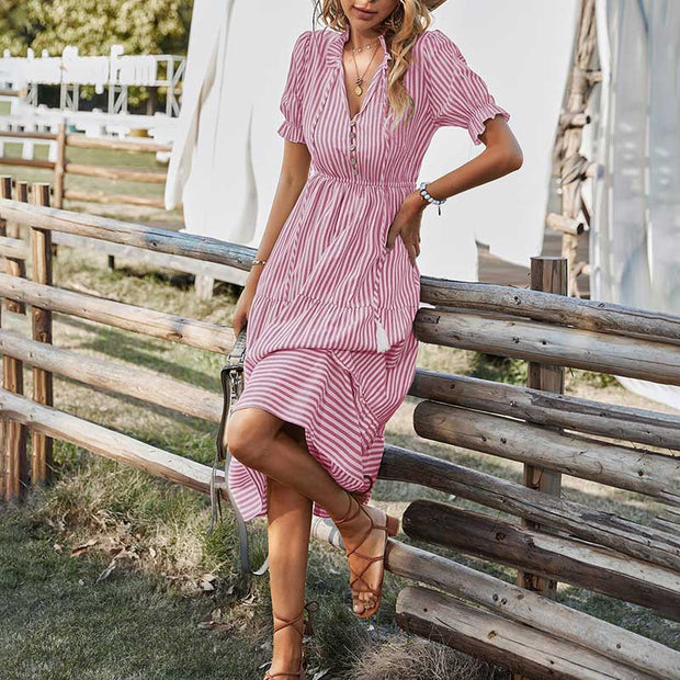 Aliana | Przewiewna Sukienka w Pasiasty Wzór Women Dress Warschau Fashion Różowy S