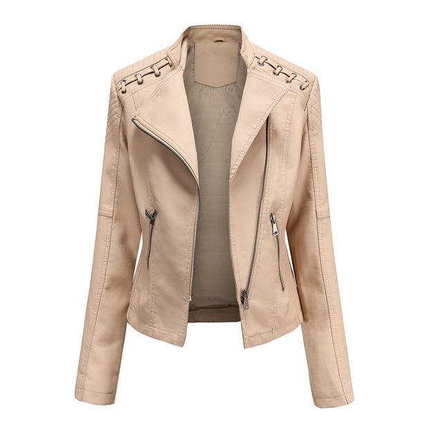 MARIE - Elegancka Skórzana Kurtka Women Winter Jacket Warschau Fashion Khaki S