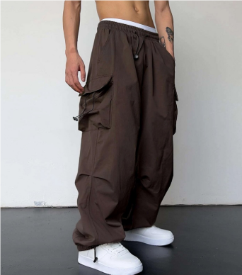 Męskie spodnie baggy z szerokimi nogawkami i wielofunkcyjnymi kieszeniami | Streetwear na świeżym powietrzu