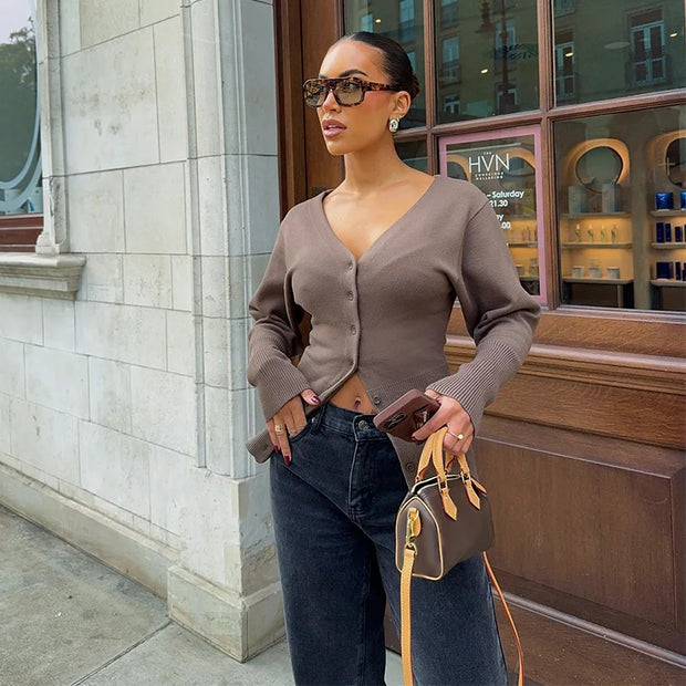 MEIS | Damski Sweter z Dzianiny z Guzikami i Dekoltem w Serek - Elegancki i Stylowy Warschau Fashion Brązowy S