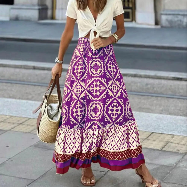 Maxi Spódnica Letnia z Wysokim Stanem dla Kobiet Women Skirt Warschau Fashion Fioletowy S