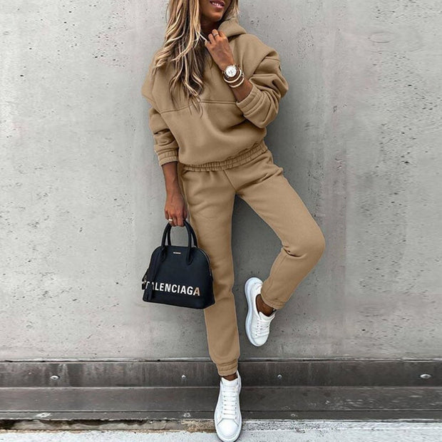 Modny Komplet Bluza z Kapturem i Spodnie Dresowe dla Kobiet Set Women Warschau Fashion Beżowy S