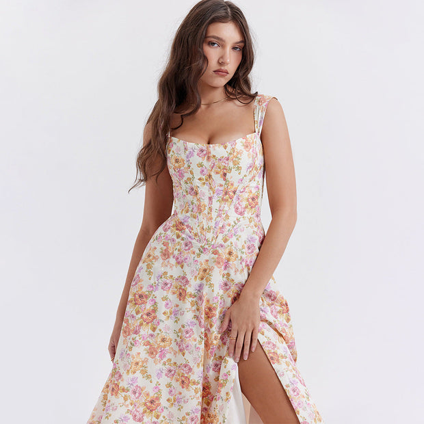 Aurora Vista - Wiosenno-Letnia Sukienka Koronkowa "Eleganza" z Wysokim Rozcięciem dla Kobiet Dress Warschau Fashion Floral pastel żółty i pomarańczowy Xs
