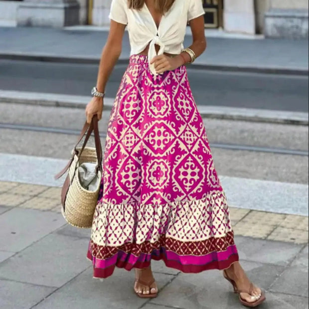 Maxi Spódnica Letnia z Wysokim Stanem dla Kobiet Women Skirt Warschau Fashion Różowy S