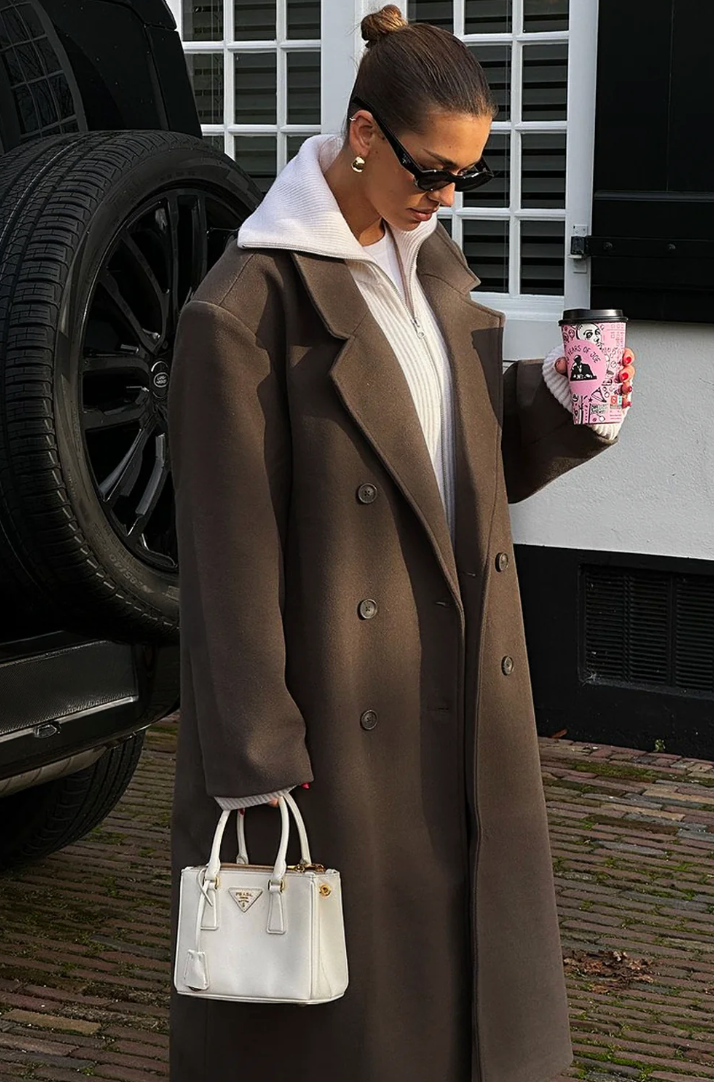 Elegancki, dwurzędowy oversize'owy płaszcz na jesień dla kobiet Jacket Warschau Fashion Brązowy (tylko 4 sztuki w magazynie) S