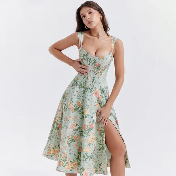 Aurora Vista - Wiosenno-Letnia Sukienka Koronkowa "Eleganza" z Wysokim Rozcięciem dla Kobiet Dress Warschau Fashion Floral pastel zielony Xs
