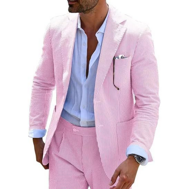 Stylowy Męski Dwurzędowy Garnitur Wzorzysty na Wesele | Zestaw Dwuczęściowy Men Set Warschau Fashion Różowy S