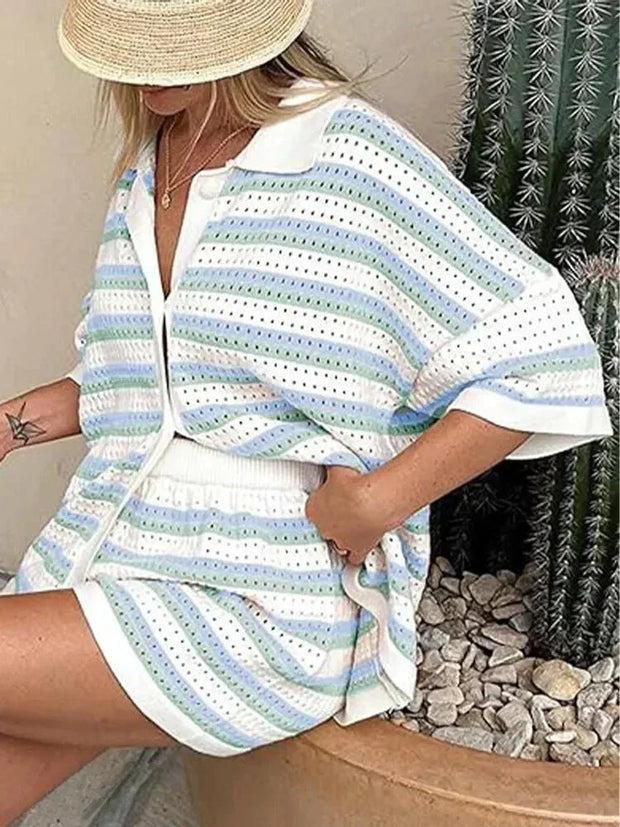 JENICA | Pasiasty Letni Zestaw Pastelowy dla Kobiet - Na Plażę i do Miasta Women Sets Warschau Fashion Niebieski S