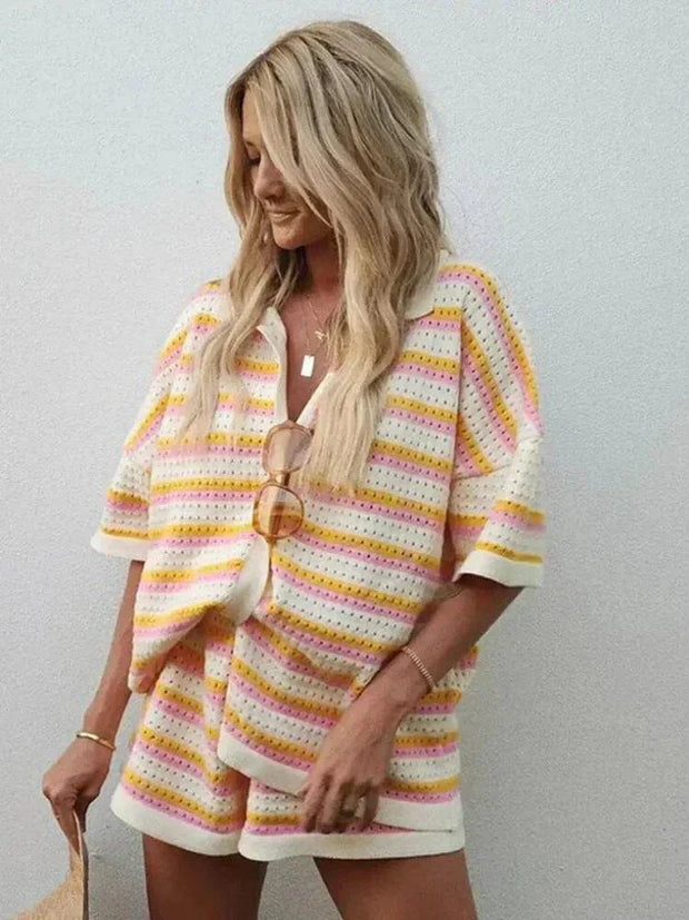JENICA | Pasiasty Letni Zestaw Pastelowy dla Kobiet - Na Plażę i do Miasta Women Sets Warschau Fashion Pomarańczowy (prawie wyprzedany!) S