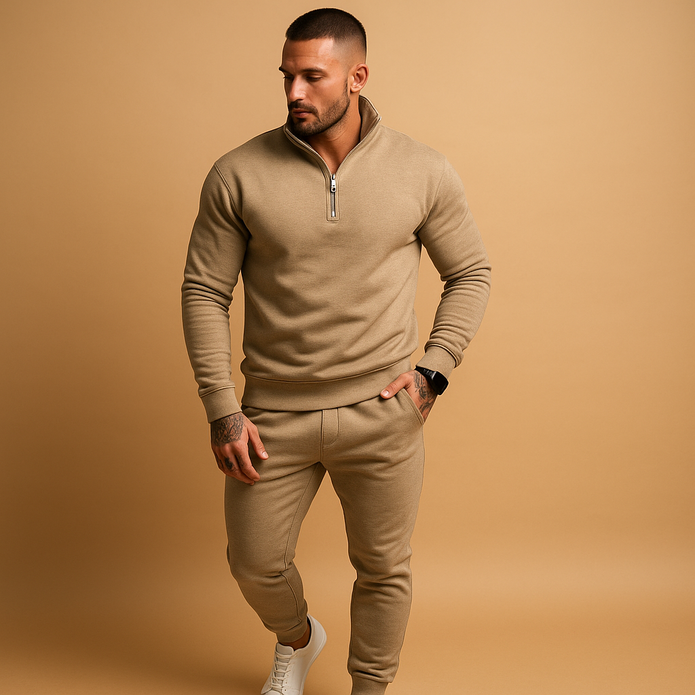 OLEV | Męski Zestaw - Sweter z Pół-Zipem i Dresowe Spodnie Heren Actieve Kleding Warschau Fashion Khaki S