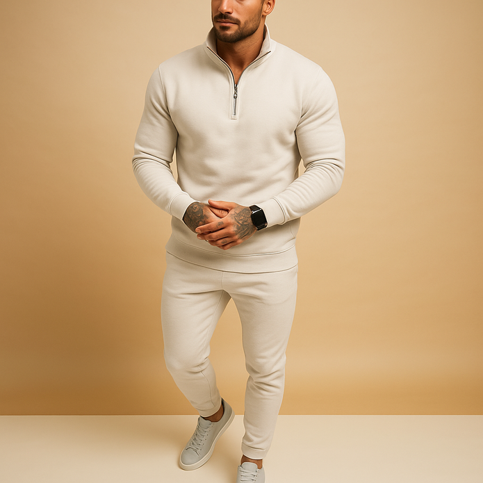 OLEV | Męski Zestaw - Sweter z Pół-Zipem i Dresowe Spodnie Heren Actieve Kleding Warschau Fashion Biały S