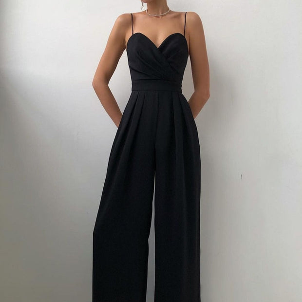 Elegancki Damski Kombinezon z Szerokimi Nogawkami i Ramiączkami Women Jumpsuit Warschau Fashion Czarny S