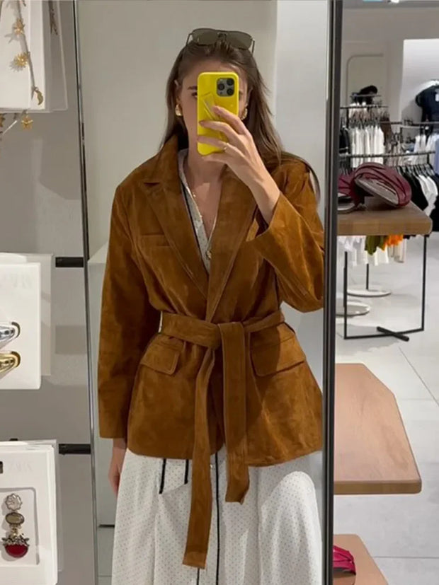 Jesienna Damska Kurtka Suede z Długim Rękawem, Paskiem i Kieszeniami Jacket Warschau Fashion