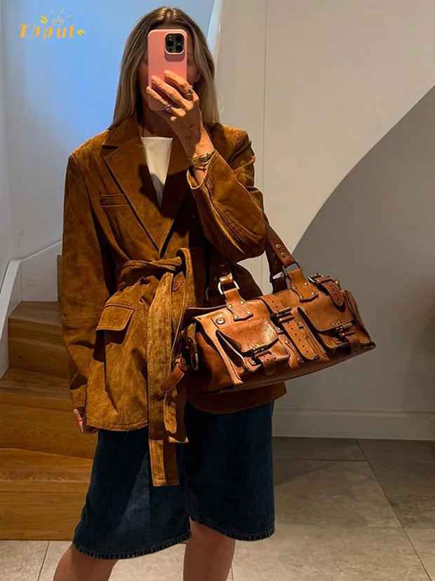 Jesienna Damska Kurtka Suede z Długim Rękawem, Paskiem i Kieszeniami Jacket Warschau Fashion