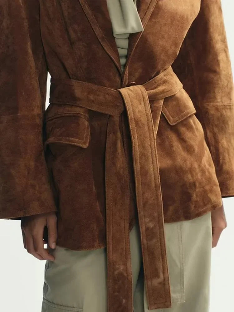 Jesienna Damska Kurtka Suede z Długim Rękawem, Paskiem i Kieszeniami Jacket Warschau Fashion