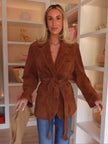 Jesienna Damska Kurtka Suede z Długim Rękawem, Paskiem i Kieszeniami Jacket Warschau Fashion M