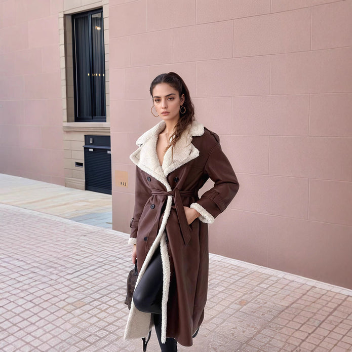 Damski długi płaszcz skórzany z pluszowym wykończeniem i szerokimi klapami – elegancki i uniwersalny płaszcz na zimowe formalne i codzienne okazje Coats & Jackets Warschau Fashion Brązowy S