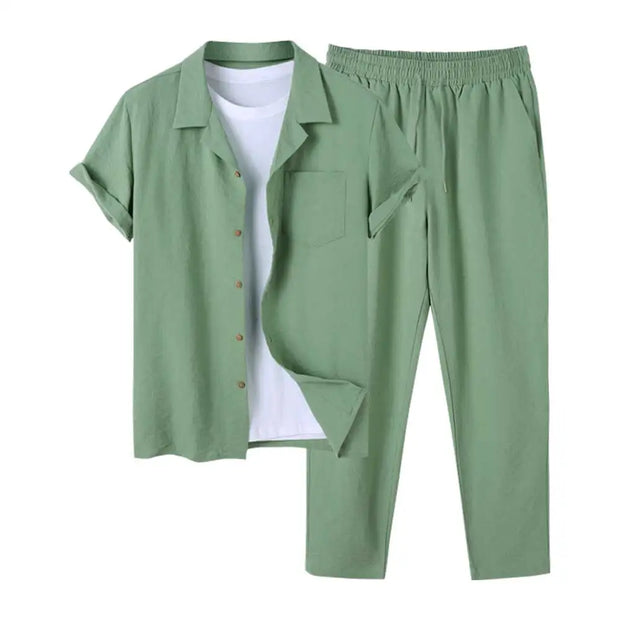 Męski Letni Komplet SunFlex z Koszulką o Krótkich Rękawach i Dopasowanymi Spodniami Summer Sets Men Warschau Fashion Zielony Xs