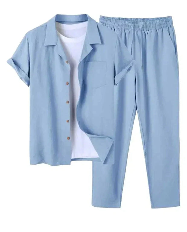 Męski Letni Komplet SunFlex z Koszulką o Krótkich Rękawach i Dopasowanymi Spodniami Summer Sets Men Warschau Fashion Niebieski Xs
