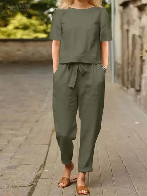 Koszula z krótkim rękawem i elastyczne spodnie dla kobiet Women Set Warschau Fashion Zielony wojskowy S