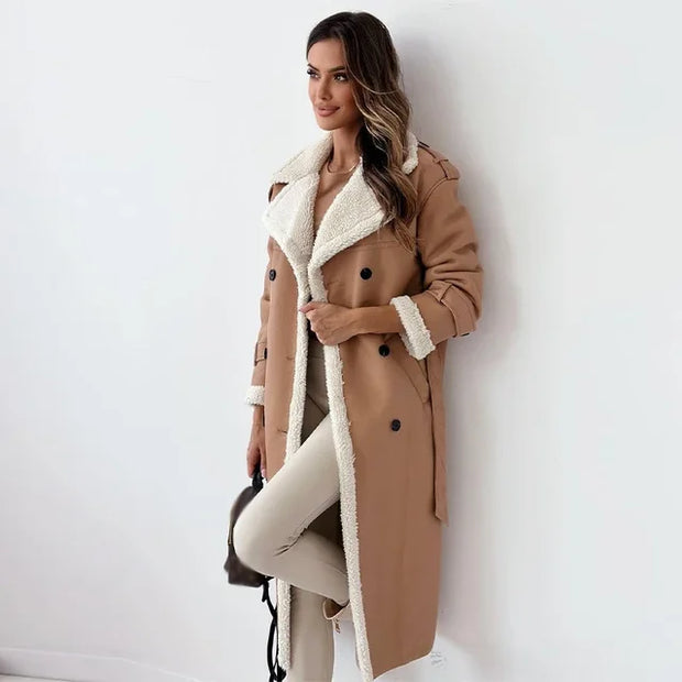 Aluina | Damski Długi Płaszcz Pluszowy | Elegancki Coats & Jackets Warschau Fashion Khaki S