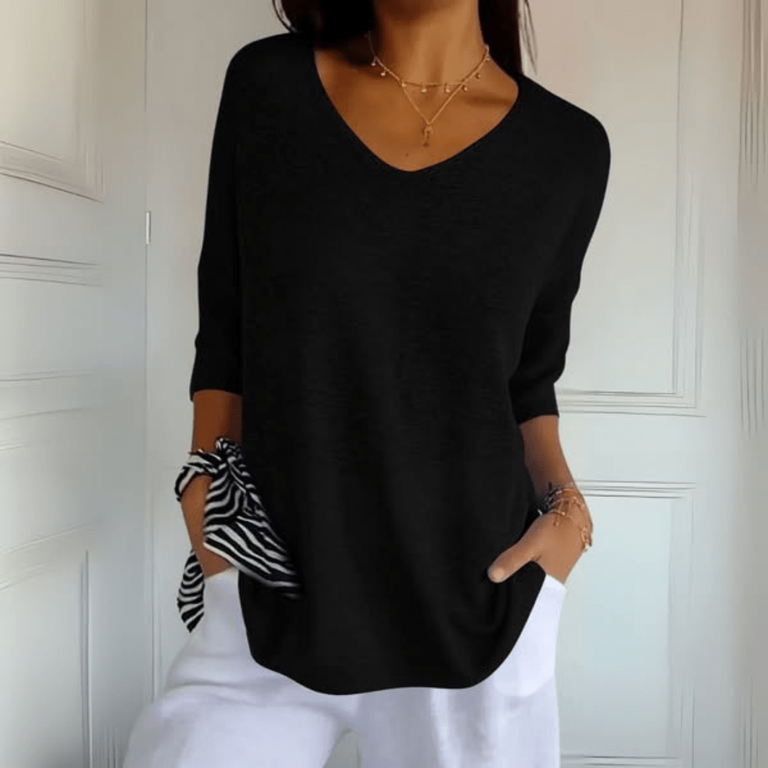 Anna | Dzianinowy Top z Dekoltem w Serek Sweater Warschau Fashion Czarny S