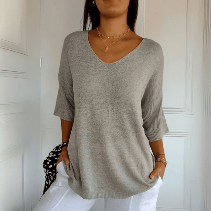 Anna | Dzianinowy Top z Dekoltem w Serek Sweater Warschau Fashion Szary S