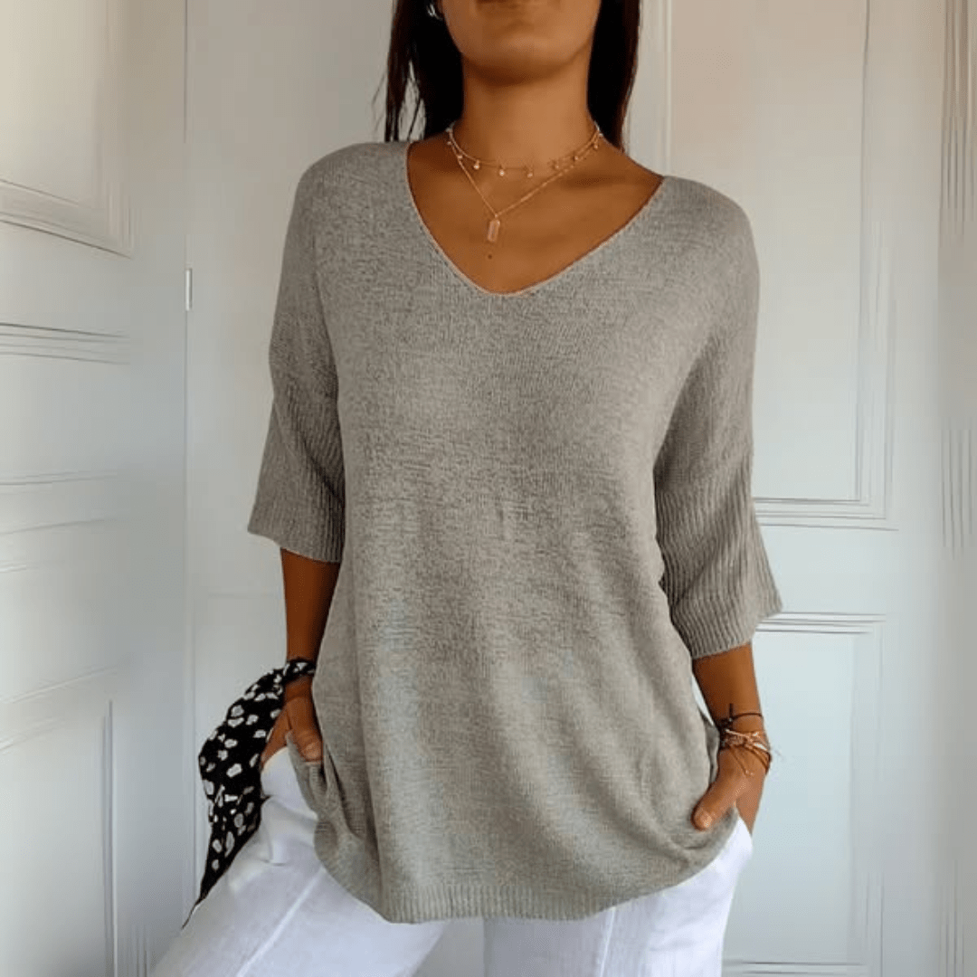 Anna | Dzianinowy Top z Dekoltem w Serek Sweater Warschau Fashion Szary S