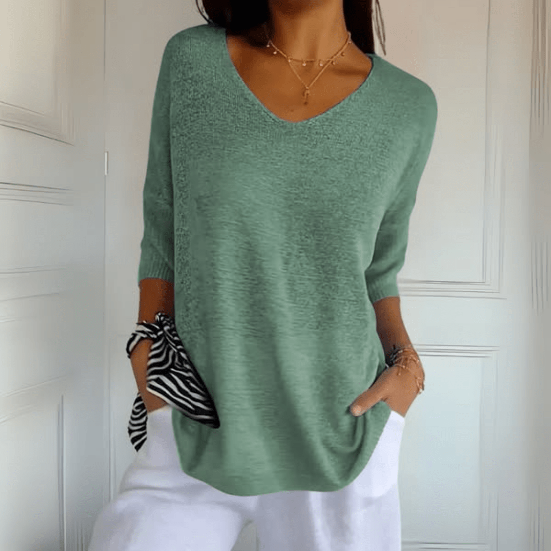Anna | Dzianinowy Top z Dekoltem w Serek Sweater Warschau Fashion Jasnozielony S