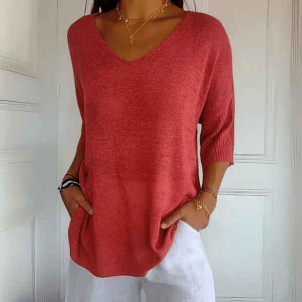 Anna | Dzianinowy Top z Dekoltem w Serek Sweater Warschau Fashion Czerwony S