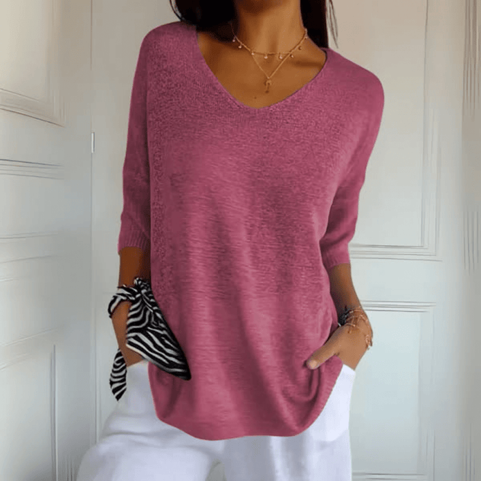Anna | Dzianinowy Top z Dekoltem w Serek Sweater Warschau Fashion Różowy S