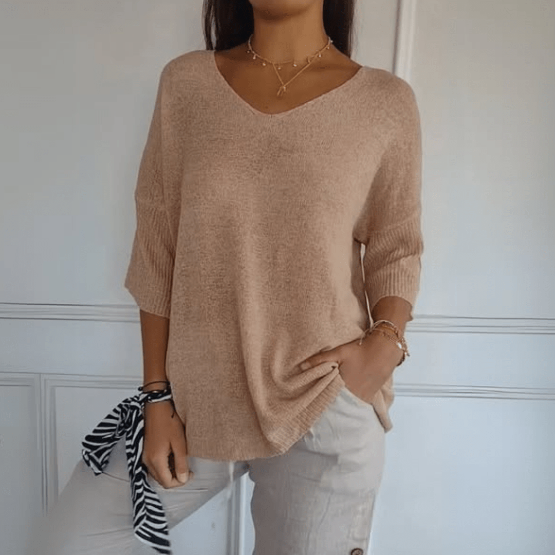 Anna | Dzianinowy Top z Dekoltem w Serek Sweater Warschau Fashion Morelowy S