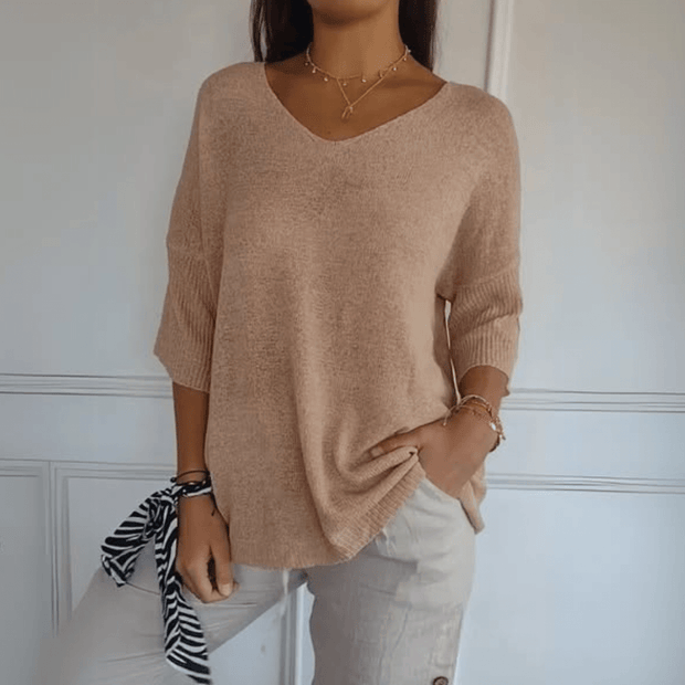 Anna | Dzianinowy Top z Dekoltem w Serek Sweater Warschau Fashion Morelowy S