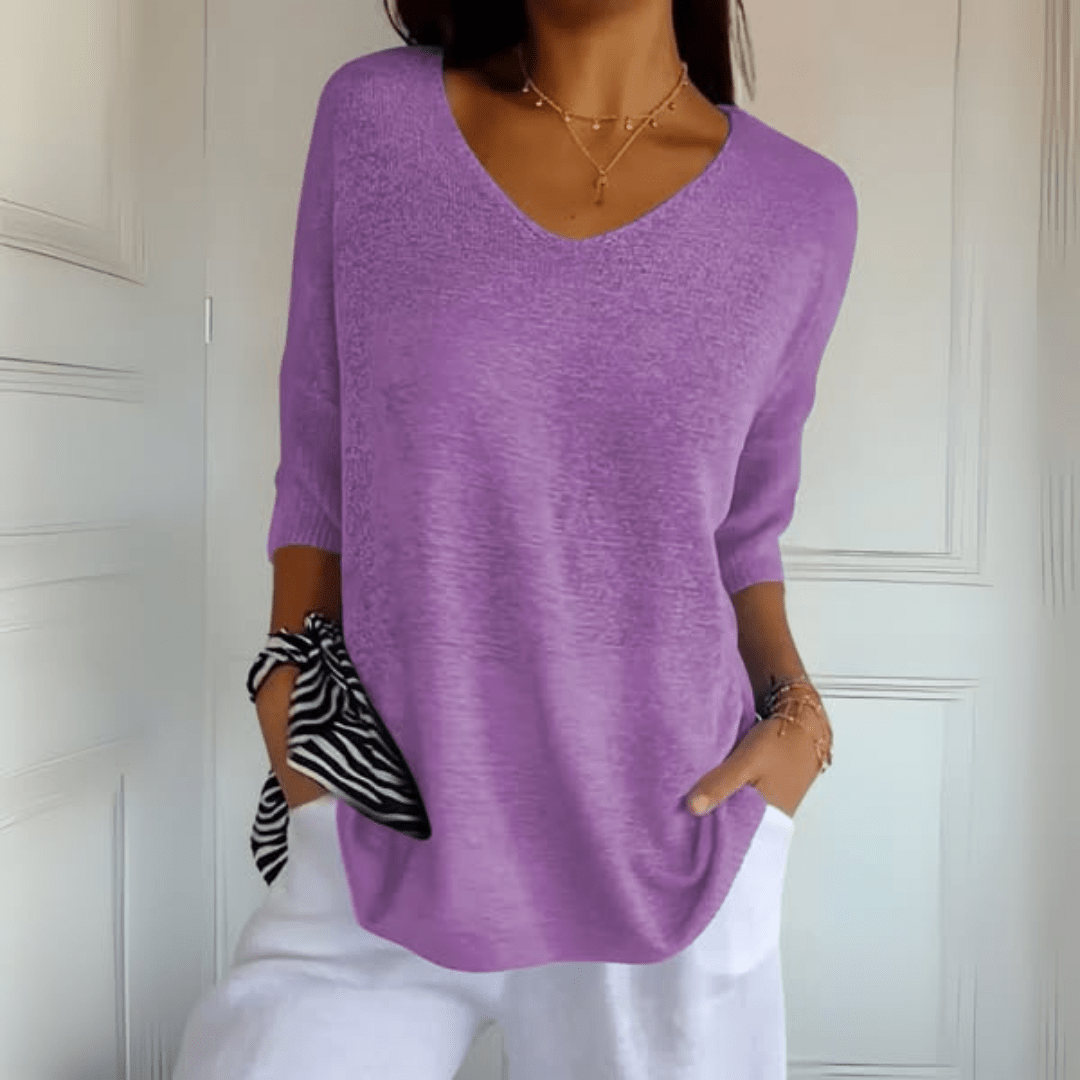 Anna | Dzianinowy Top z Dekoltem w Serek Sweater Warschau Fashion Fuksja S