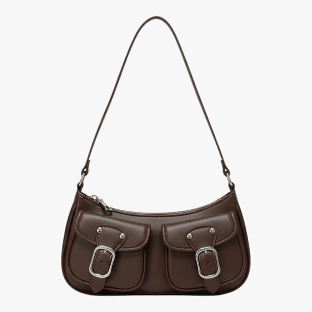 Hannah | Damska torebka na ramię z krótkim paskiem i podwójną kieszenią z przodu Torebki Warschau Fashion Kawa