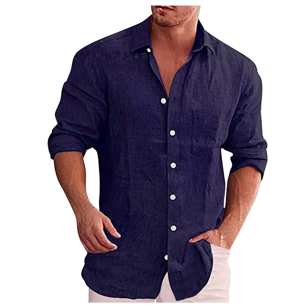 Lars | Lenneko Casual męska koszula lniana z kołnierzykiem polo Heren Overhemden | modern Warschau Fashion Ciemnoniebieski L