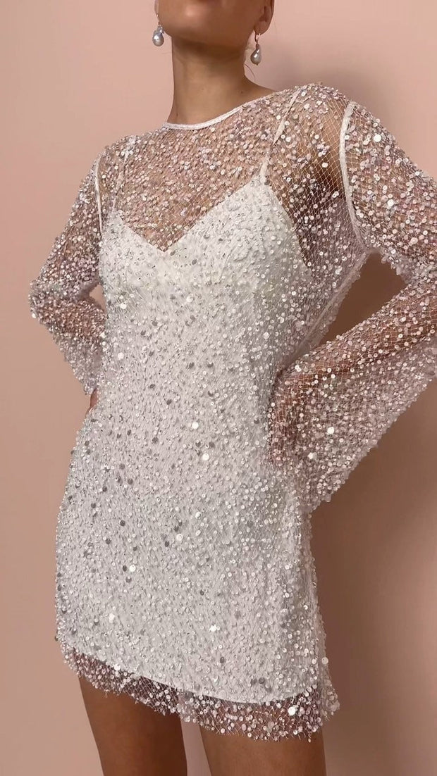 Sky - Perłowe, Przezroczyste Sukienki Mesh Duo z Kokardą Dress Warschau Fashion Biały S