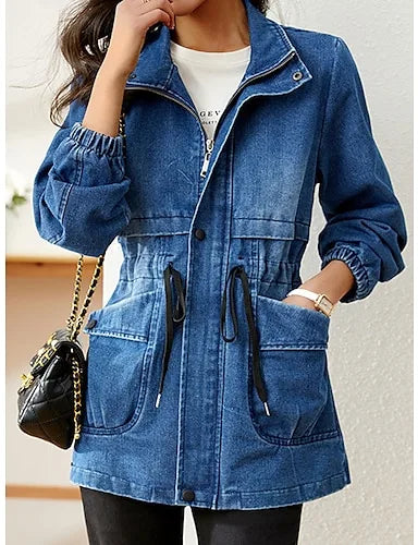 Sznurowana Kurtka Dżinsowa z Kieszeniami Dla Kobiet Mid-Season Jacket Women Warschau Fashion Niebieski S