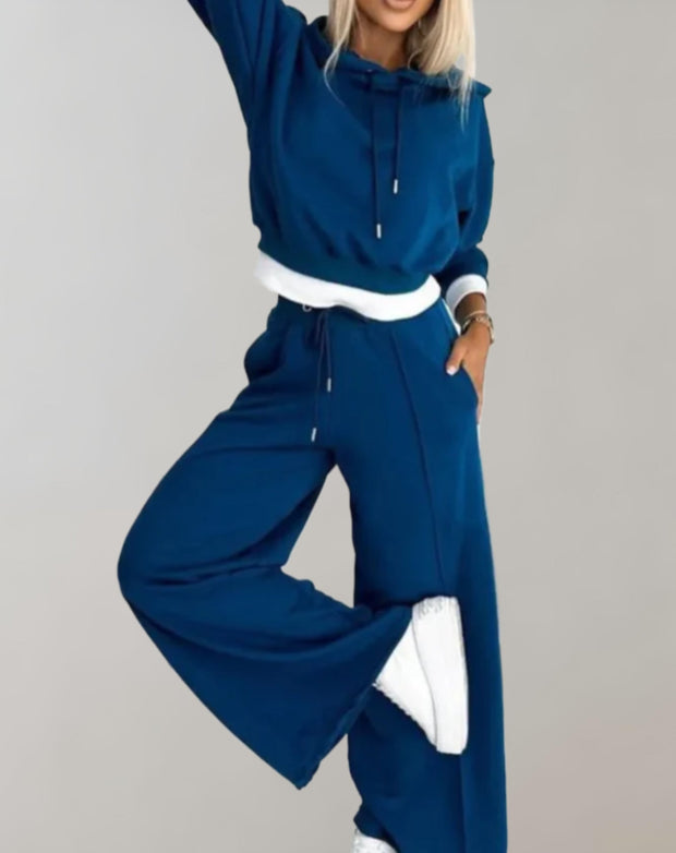Stylowy damski dres z szerokimi nogawkami i kapturem | Ivah Women Set Warschau Fashion Niebieski S