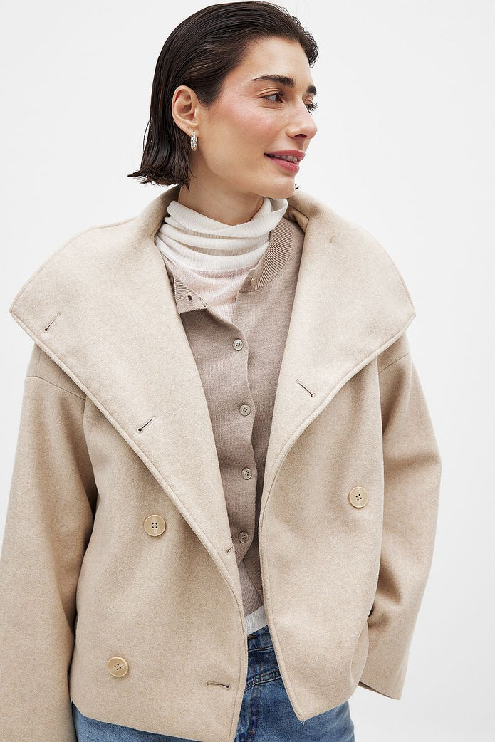 Dwurzędowy płaszcz wełniany Wool coat Warschau Fashion Beżowy S