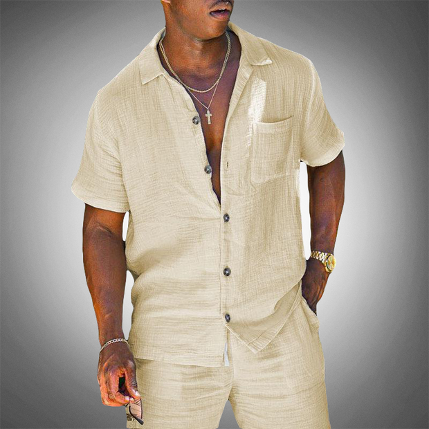 Męski Komplet Linowy Elegante: Koszula i Szorty Summer Sets Men Warschau Fashion Beżowy 3xs