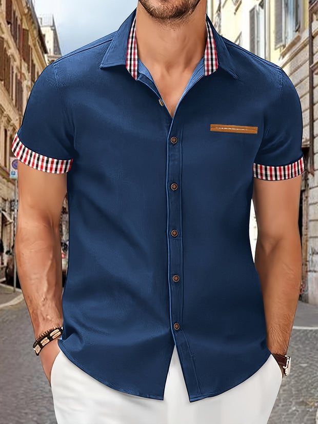 Męska koszula z krótkim rękawem i paskowanym kołnierzykiem Men Shirts Warschau Fashion Granatowy S