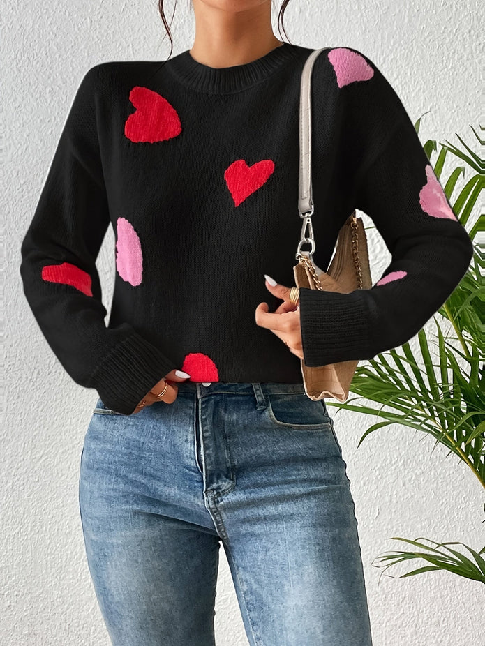 Elise | Damski sweter z okrągłym dekoltem i sercowym wzorem Warschau Fashion