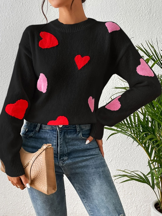 Elise | Damski sweter z okrągłym dekoltem i sercowym wzorem Warschau Fashion