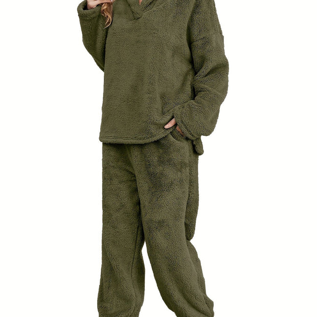 Damski Komplet Piżamy Coral Fleece | Ciepła Bluza z Kapturem i Spodnie na Jesień/Zimę Warschau Fashion Kolor oliwkowy S